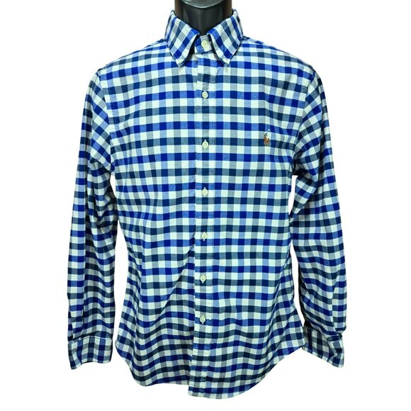 Ralph Lauren Stretch Oxford Blue Check Slim Fit Shirt Medium - Picture 1 of 8